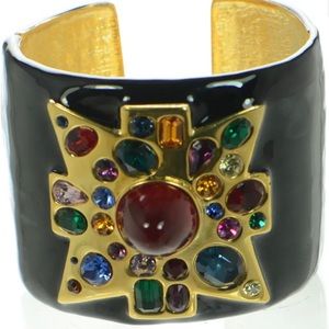 Black Enamel Maltese Cross  Cuff  bracelet gold tone